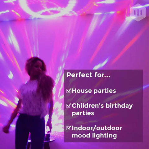 LED Disco Ball Party Light with DMX Control and Sound Activated RGB LEDs casting multicolor patterns on walls at event.