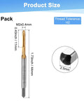 Four Pack M2x0.4mm Metric Thread Taps With Titanium Coated HSS Steel 44mm Straight Flute Right Hand Design showing dimensions and threading details.