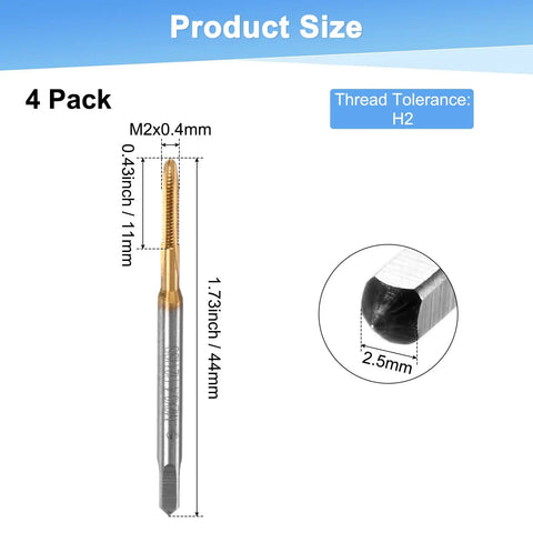 Four Pack M2x0.4mm Metric Thread Taps With Titanium Coated HSS Steel 44mm Straight Flute Right Hand Design showing dimensions and threading details.