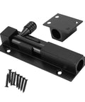 Heavy Duty Adjustable Sliding Latch Lock With Rust Proof Powder Coat Finish For Patio Gates And Yard Security Plus Tough As Nails Aluminum Build And Hella Secure Grip displaying black sliding latch and screws.