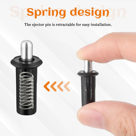 8 Piece Spring Hinge Pins For Cabinet Doors Damper Replacement Pins, spring-loaded iron pins shown in hand with retractable feature.
