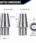 Two Pair One Half Inch Heim Joint Rod End Kit dimensions showing left and right hand threads, 0.5 inch ID, 0.065 inch wall thickness.