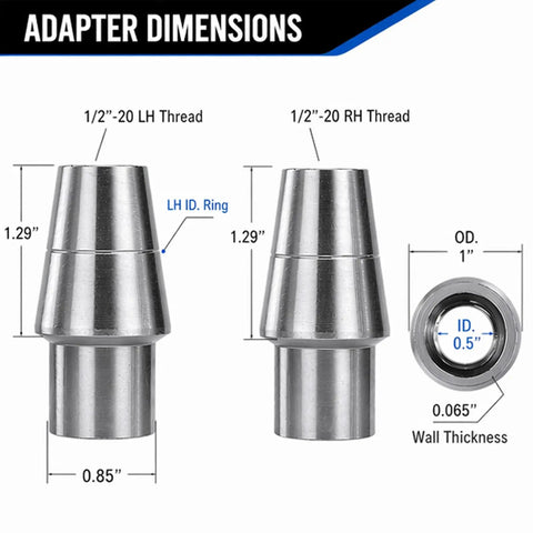 Two Pair One Half Inch Heim Joint Rod End Kit dimensions showing left and right hand threads, 0.5 inch ID, 0.065 inch wall thickness.