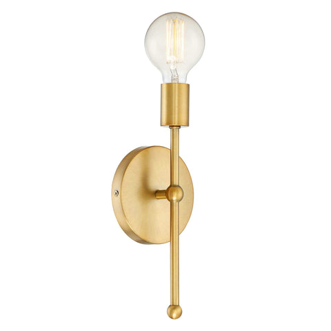 Modern brass wall sconce with round base and exposed bulb, featuring a sleek, vertical rod design for contemporary home lighting