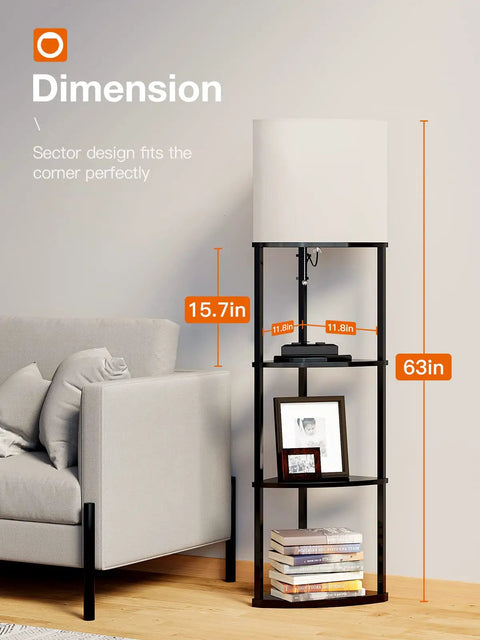 Space Saving 4 Tier Corner Shelf Floor Lamp With USB Type C Port 1 Power Outlet And 3CCT LED Bulbs beside sofa