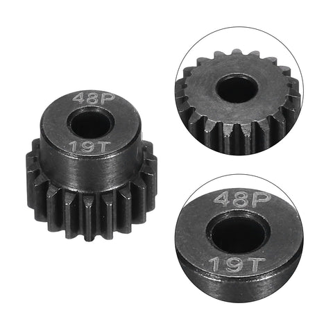 Beefy Hardened Steel RC Pinion Gear Set 19T, 48 Pitch, 3.175mm Shaft, showing precision tooth profiles and 9mm height