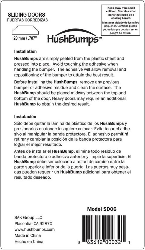 Installation instructions for HushBumps door bumpers showing setup details and product measurements.
