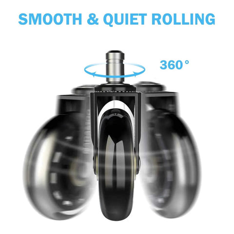 Close-up of 3 Inch Heavy Duty Office Chair Wheels With Soft PU Rubber For Floor Protection On Hardwood Carpet And Tile Surfaces Universal Fit Set Of 5 Black And Clear Caster Wheels For Quiet Smooth Rolling And Floor Safe Performance showing 360-degree rotation feature