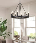 Eight-Light Wagon Wheel Chandelier in Black, Farmhouse Meets Modern Industrial, Round Pendant Lights With E12 Sockets For A Lit Dining Room Vibe, Kitchen Island, Foyer, Living Room, Entryway, And Bedroom.