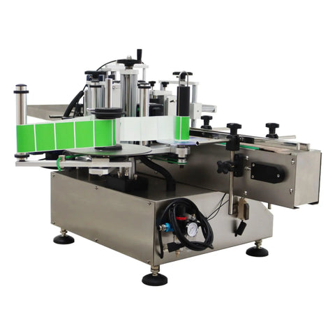 Automatic Round Bottle Labeling Machine Smooth Operator Belt Conveyor Applicator showing label application mechanism and conveyor system.