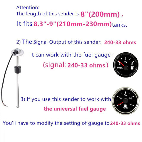 Marine Gas Tank Fuel Level Sending Unit 8 Inch 240-33 Ohm Stainless Steel Replacement for Boat Fuel Tank Sender Direct Swap for Arm Type, OKI Reed Switch Durability, 8-inch sender with gauge