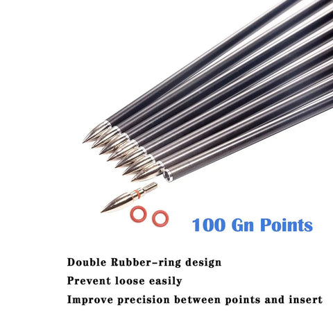 12 Pack 100 Grain Field Points with aluminum inserts and rubber rings, designed for 6.2mm ID arrows and 7.4-7.6mm OD shafts.