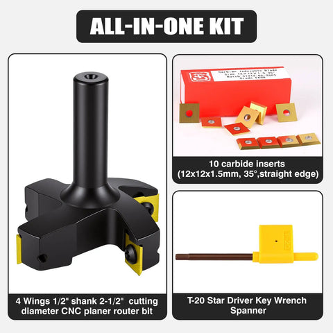 Pro Grade CNC Spoilboard Surfacing Router Bit Set With 4 Wings, 1/2 Inch Shank, 2-1/2 Inch Cutting Diameter shown with carbide inserts