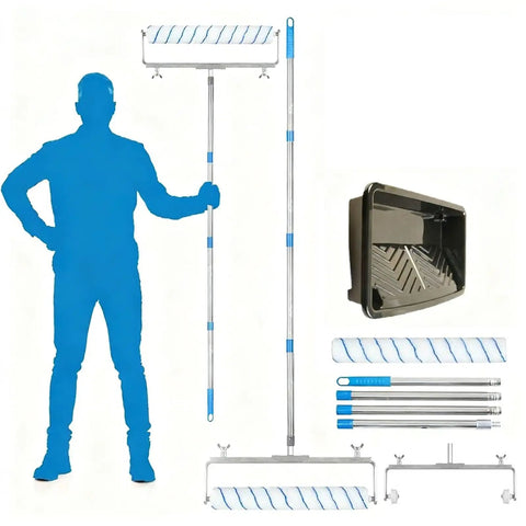 18 Inch Paint Roller Kit With Long Reach Pole And Deep Paint Tray For Fast Wall Ceiling Application includes 18 inch roller, tray, and pole.