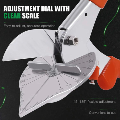 Close-up of Multi Angle Miter Shear Cutter with adjustable 45-135 degree dial and clear scale for vinyl and wood molding trim.