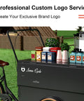 Fly Rideable Food Vending Cart With Canopy And Wheels, Mobile Dessert Display Stand For Festivals, Portable Coffee Cart To Kickstart Your Hustle, Street Smart Vendor Tricycle In Bright Orange with a plant and colorful cups.