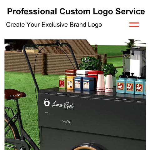 Fly Rideable Food Vending Cart With Canopy And Wheels, Mobile Dessert Display Stand For Festivals, Portable Coffee Cart To Kickstart Your Hustle, Street Smart Vendor Tricycle In Bright Orange with a plant and colorful cups.