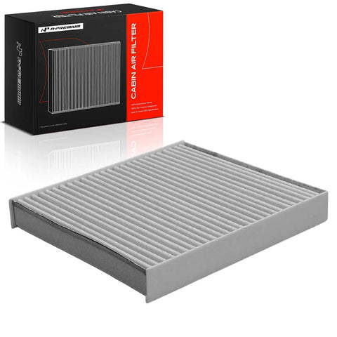 Cabin Air Filter With Activated Carbon For Infiniti Nissan And Mitsubishi Cars, front view, next to product box.