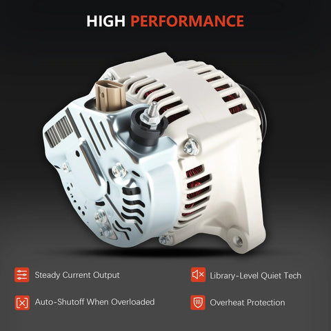 Front view of a beefed-up alternator replacement for Toyota Corolla Matrix Celica MR2 Spyder and Pontiac Vibe 2000-2008 1.8L.