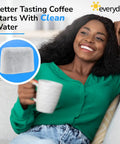 Six Pack Charcoal Water Filters For Keurig Coffee Makers Fits All Keurig Machines White Replacement Filters With Woman Drinking Coffee