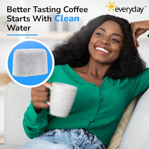 Six Pack Charcoal Water Filters For Keurig Coffee Makers Fits All Keurig Machines White Replacement Filters With Woman Drinking Coffee