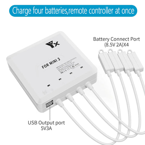 Fast 6 In 1 Parallel Battery Charger For DJI Mini 4 Pro And Mini 3 Pro Drones, four battery ports, two USB outputs
