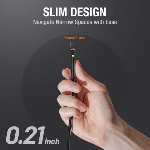 Dual Lens Endoscope With 5 Inch Monitor And Front And Side View Borescope Camera Waterproof 9.8 Ft Probe 5 Inch IPS LCD Screen And Case The Go To Tool For Auto Maintenance Home Inspections Electrical Work And DIY, 5.5mm slim probe in hand