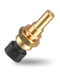 Close-up view of a gold brass engine coolant temperature sensor with plug and black plastic connector.