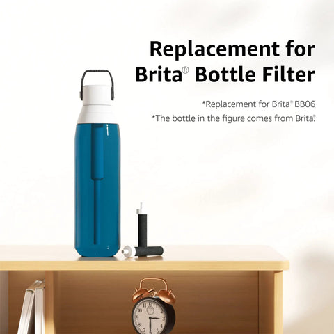 Easy Fit Replacement Water Filter For Brita BB06 next to compatible bottle on shelf