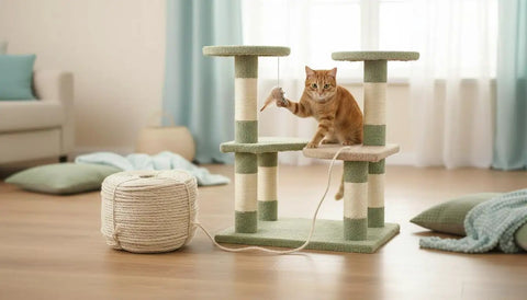 Cat plays on a post wrapped with All Natural Brazilian Sisal Rope Hundred Percent Sisal Chemical Free Ultra Durable For DIY Projects