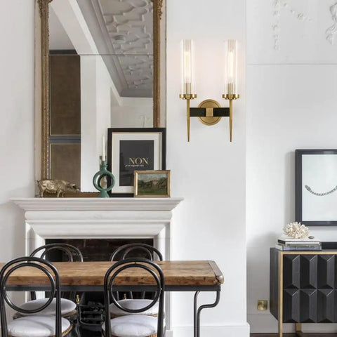 Two-Light Gold Brass Wall Sconces With 2.8 Inch Cylindrical Clear Glass Shades, Dimmable, E26 Base Compatible in dining room