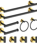 Get Your Hands On This Black And Gold Bathroom Hardware Set That Comes With Two Sixteen Inch Towel Bars Two Toilet Paper Holders Two Towel Rings