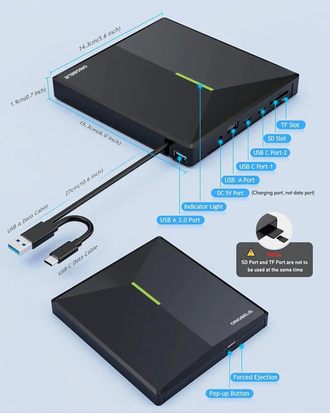 External CD DVD Drive For Laptop With USB 3.0 High Speed, 4 USB Ports And 2 SD TF Card Slots, Plug And Play, Backward Compatible With USB 2.0, Reads 8x DVD And 24x CD, Ultra Portable Multi Port Optical Drive, black with USB-C and USB-A cables