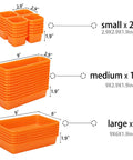 42 Pack Tool Box Organizer With Interlocking Tool Tray Dividers in orange, showing small, medium, large tray sizes.