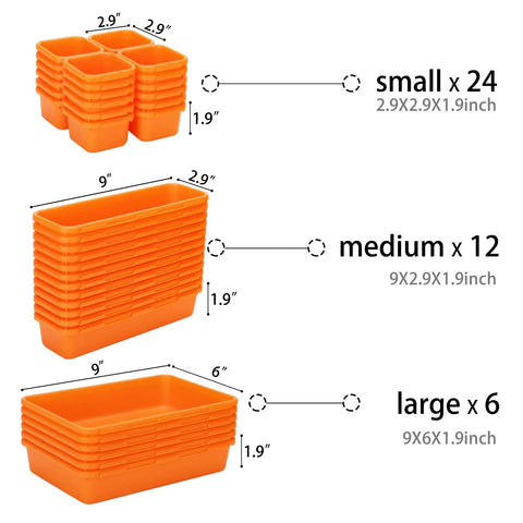 42 Pack Tool Box Organizer With Interlocking Tool Tray Dividers in orange, showing small, medium, large tray sizes.