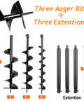 Gas Powered 62cc Auger Post Hole Digger with three drill bits 3 inch 5 inch 8 inch and three 24 inch extensions for fence posts