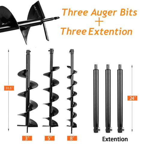 Gas Powered 62cc Auger Post Hole Digger with three drill bits 3 inch 5 inch 8 inch and three 24 inch extensions for fence posts