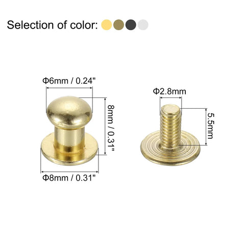 6mm Ball Head Rivet Set With Screw Back 100 Pack For DIY Leather Craft Handbags And Belts, Round Head Button Nipple Rivets In 4 Colors showing gold rivet size