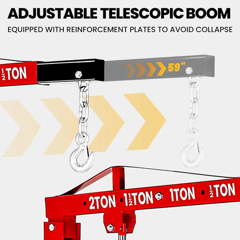 Heavy Duty Hydraulic Engine Hoist Cherry Picker Beast Mode Workhorse With 59 Inch Boom showing adjustable telescopic boom and chains.