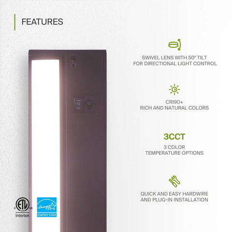 Close-up of 24 Inch Swivel LED Under Cabinet Lights Dimmable 3CCT 2700K To 4000K No Fuss Plug In Or Hardwired Install Bronze Finish