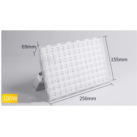 JUDYSSY 100W Led Flood Lights Outdoor Security Lights, showing dimensions 250mm x 155mm x 69mm, made of durable materials.