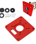 Boss Level Red Aluminum Alloy Router Table Insert Plate with reducer rings and mounting hardware for woodworking upgrades.