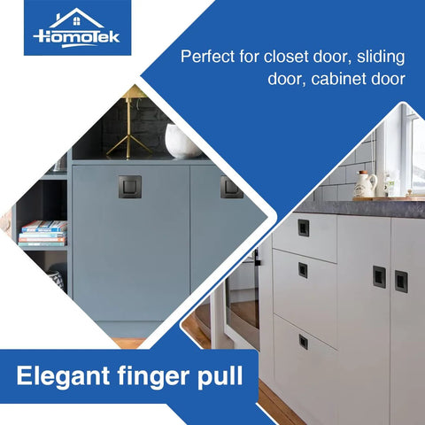 Black Stainless Steel Flush Handles For Sliding Closet Doors Square Recessed Finger Pulls Inner Diameter Two And One Eighth Inches Outer Size Two And Three Quarters Inches 54mm Invisible Screws Ideal For Bypass Pocket Barn And Bi Fold Doors Four Pack shown installed on cabinets