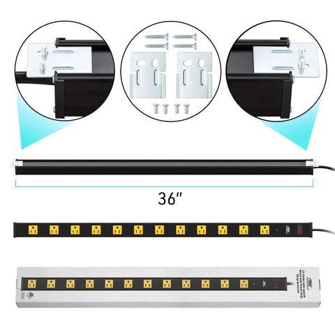 Heavy Duty Surge Protector With 12 Wide Spaced Outlets And 15 Foot Extension Cord Mounting Brackets 15A Circuit Breaker 1800 Joules Of Protection EMI Filter and mounting hardware displayed.