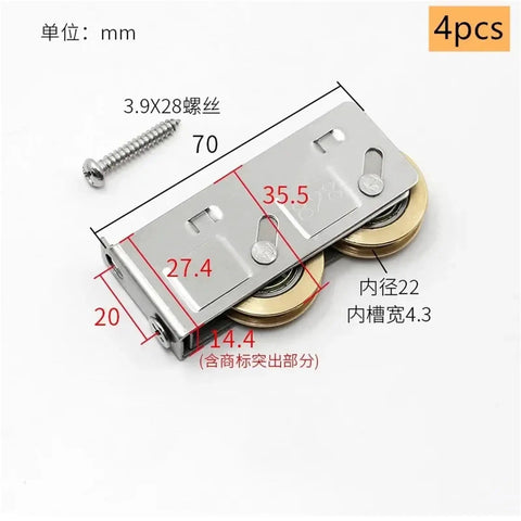 4 Pack Heavy Duty Sliding Screen Door Rollers with Stainless Steel Track Wheels and Copper Bearing Pulleys close-up view with dimensions.