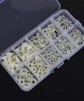 270 Piece Nylon Screw Set In Resealable Box, Assorted White Nylon Fasteners For DIY Projects, Easy To Tighten And Loosen Threads, Ultra Tough, Reliable Quality, Long Lasting Use, Handy Storage Box Included, with assorted white screws, nuts, and washers