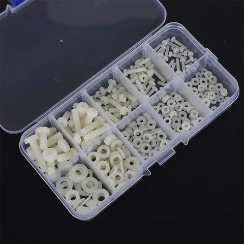 270 Piece Nylon Screw Set In Resealable Box, Assorted White Nylon Fasteners For DIY Projects, Easy To Tighten And Loosen Threads, Ultra Tough, Reliable Quality, Long Lasting Use, Handy Storage Box Included, with assorted white screws, nuts, and washers