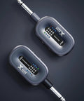 A58 5.8GHz Wireless Guitar System True Diversity Transmitter And Receiver with 1/4 inch connectors on dark background