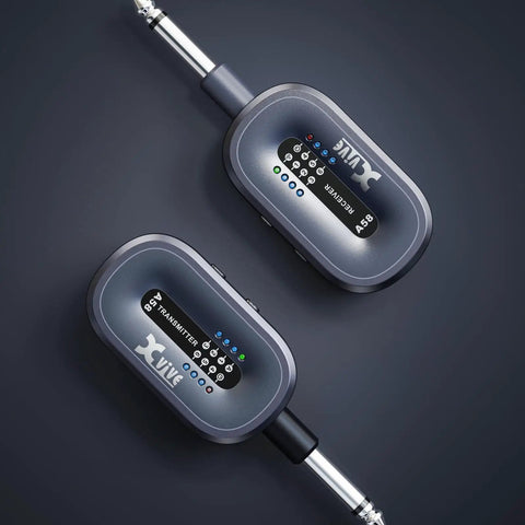 A58 5.8GHz Wireless Guitar System True Diversity Transmitter And Receiver with 1/4 inch connectors on dark background