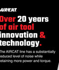Text promoting AIRCAT's 20 years of air tool innovation and technology with noise reduction focus.